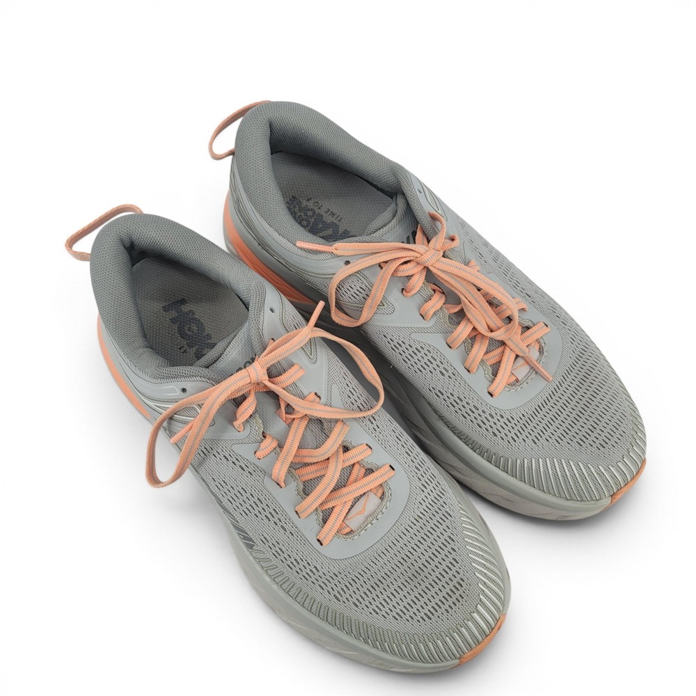 Hoka One One Bondi 7 Womens 9 Gray Peach Running Walking Athletic Shoes - Picture 3 of 8